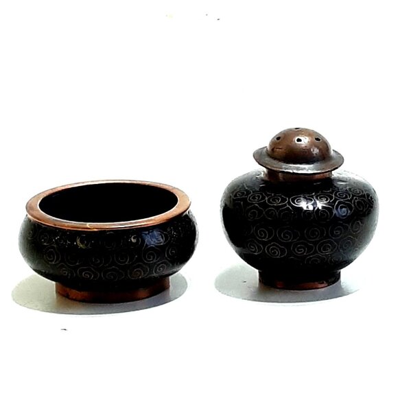Chinese Cloisonne Open Salt & Pepper Vintage Enamel Brass Floral Black Rose Blue - Picture 5 of 8